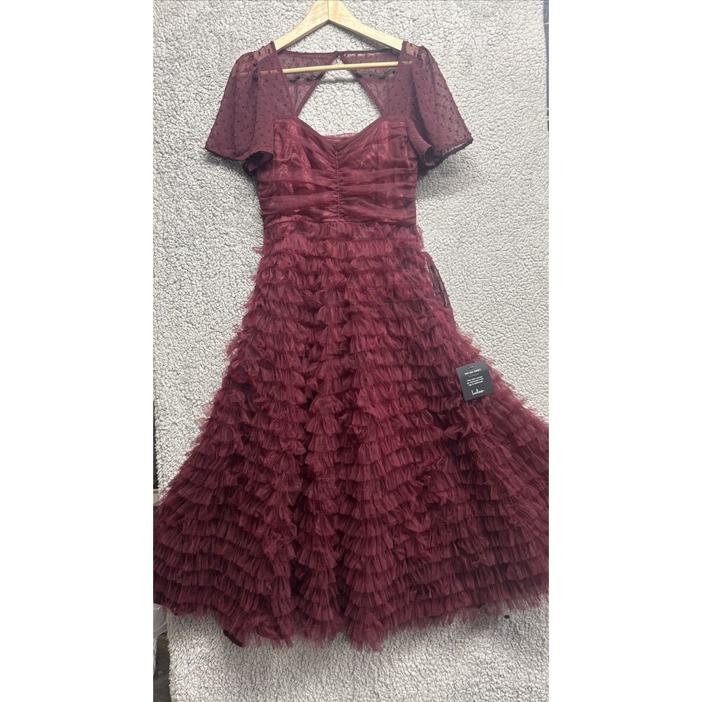 LULUS Elegant Red Wine Cocktail Dress Size S Dot Tullie Ruffles NWT - Picture 6 of 11